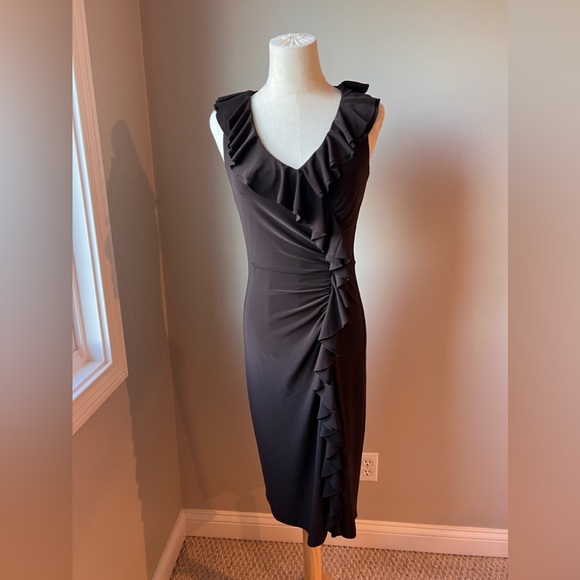 Lauren Ralph Lauren Brown Ruffles Stretch Midi Dress 4 - Picture 2 of 5